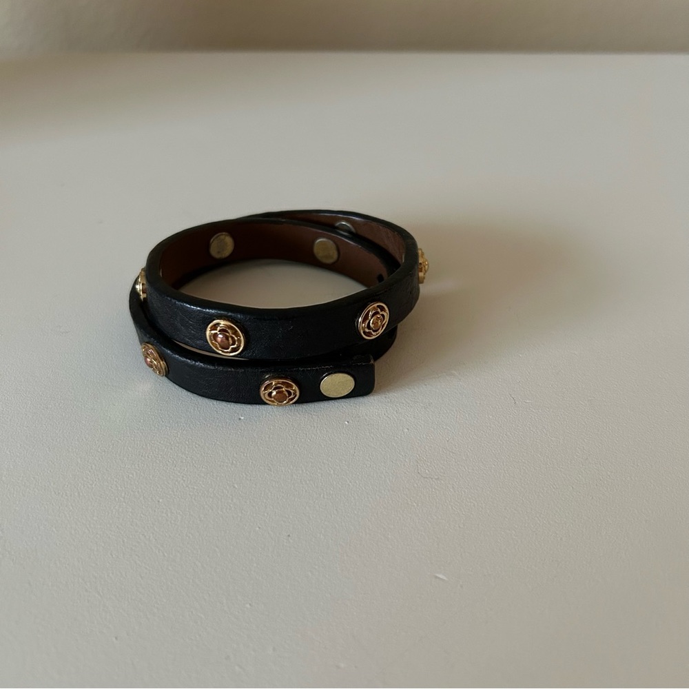 Stella and Dot Black Clover Double Wrap Leather Bracelet
